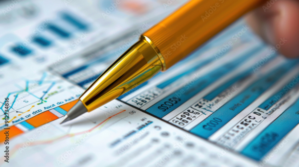 A gold pen pointing at a financial chart with various data points and trends, highlighting financial analysis and investment planning. A gold pen pointing at a financial chart with various data points and trends, highlighting financial analysis and investment planning.