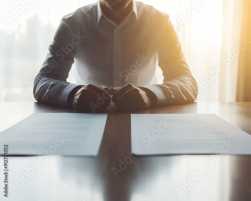 Businessman at a conference table with two contracts, each symbolizing a major decision with opposing outcomes, illustrating a business dilemma