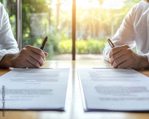 Businessman at a conference table with two contracts, each symbolizing a major decision with opposing outcomes, illustrating a business dilemma