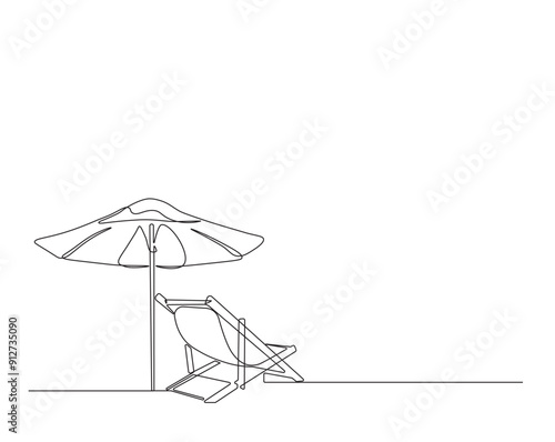 Continuous line drawing of sunbed with umbrella - holiday illustration concept.