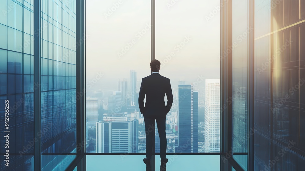 Corporate executive standing at a skyscraper window, contemplating two different paths for company growth, highlighting strategic decision-making Corporate executive standing at a skyscraper window, contemplating two different paths for company growth, highlighting strategic decision-making