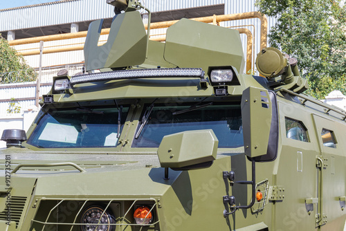 military vehicle on wheels on the territory of the plant