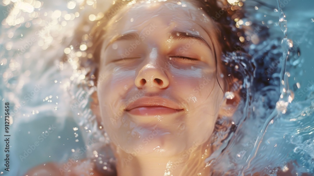 A serene portrait of a person submerged in water, eyes closed and face relaxed, with glistening water droplets. A serene portrait of a person submerged in water, eyes closed and face relaxed, with glistening water droplets.