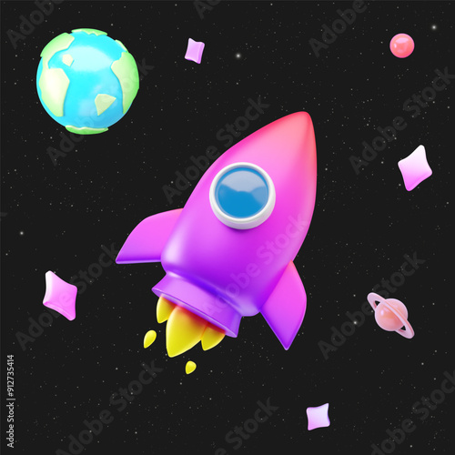 3d cute minimalist rocket with gradient effect with planet earth, Saturn, stars on space background. 3d vector illustration