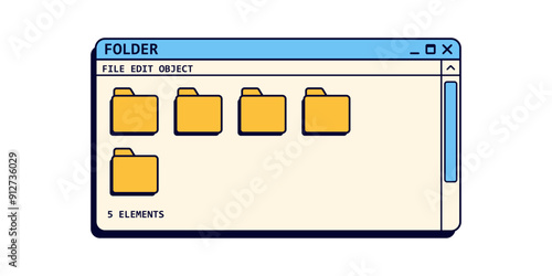 Retro file system program in blue colors. Set of folders in old style. Vintage user interface for desktop.