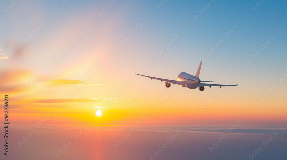 Modern Passenger airplane flight in sunset panorama Modern Passenger airplane flight in sunset panorama