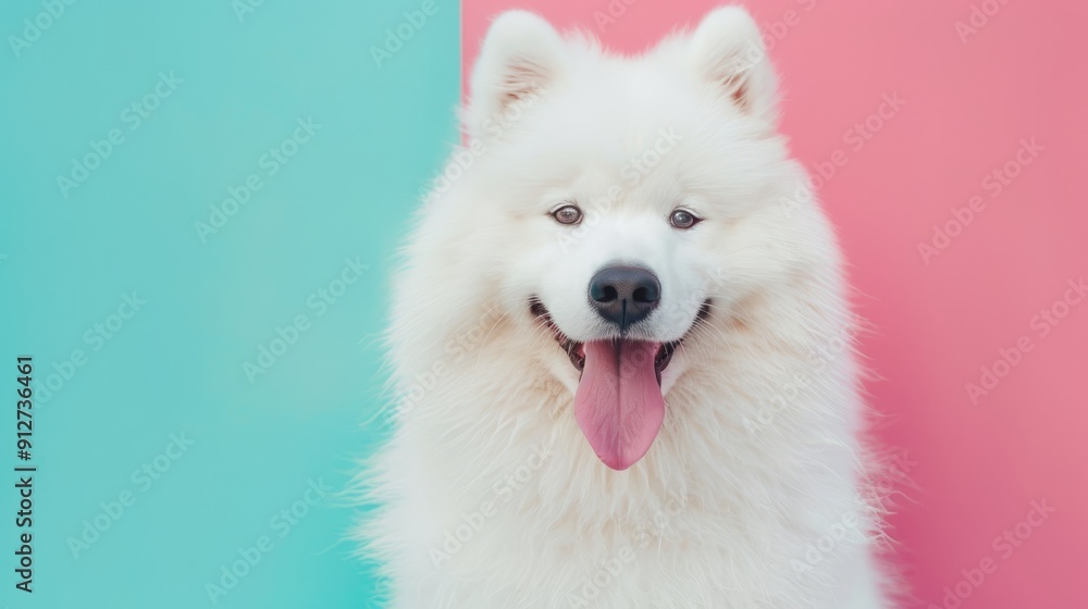 A cheerful Samoyed dog with a fluffy white coat, sitting in front of a vibrant two-tone pink and blue background, its mouth open in a happy expression. A cheerful Samoyed dog with a fluffy white coat, sitting in front of a vibrant two-tone pink and blue background, its mouth open in a happy expression.
