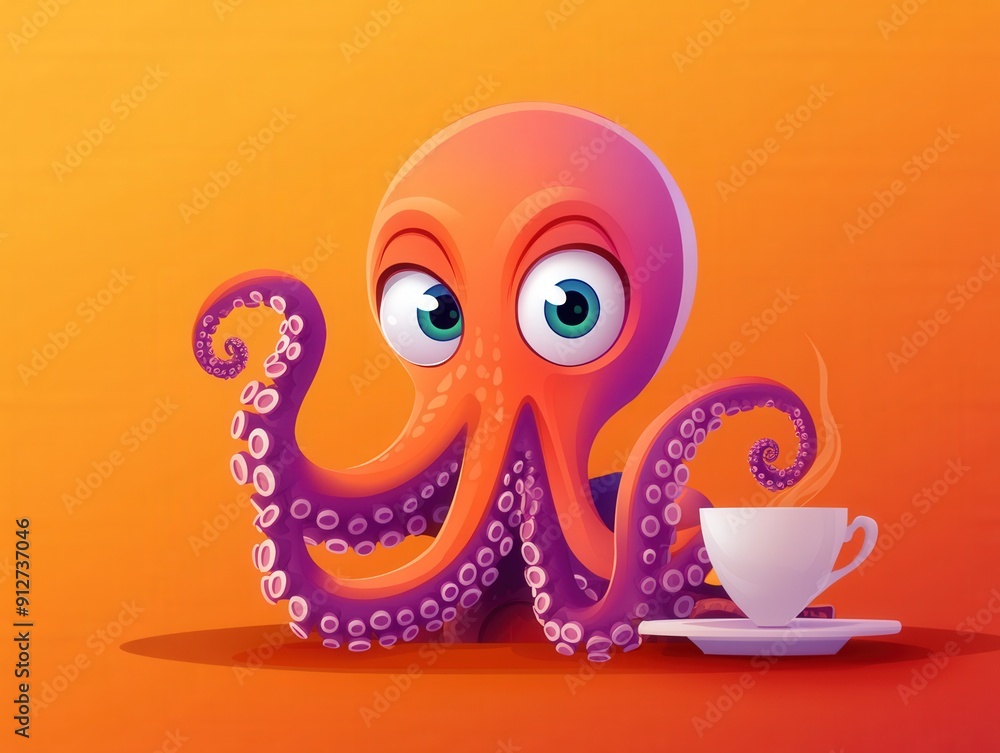 Playful octopus enjoying a cup of tea against a vibrant orange background Playful octopus enjoying a cup of tea against a vibrant orange background