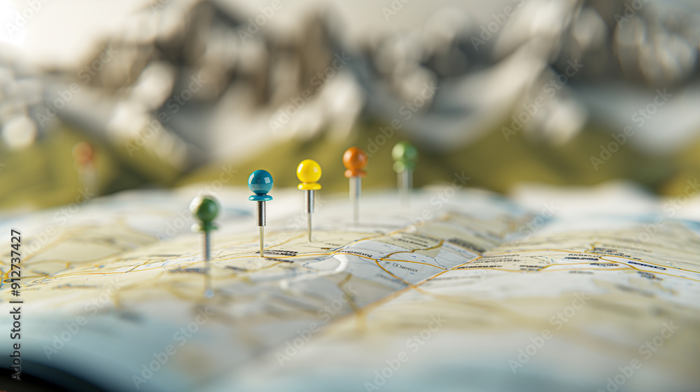 Pins on a geographic map curved like mountains. Pinning a location on a map with mountains. Adventure, geography, mountaineering, hike and travel concept background. Pins on a geographic map curved like mountains. Pinning a location on a map with mountains. Adventure, geography, mountaineering, hike and travel concept background.