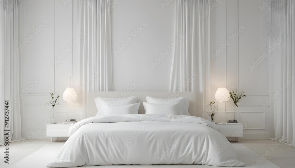 A minimalist white bedroom with a large bed, white bedding, and white curtains. The room has a clean, serene, and calming atmosphere A minimalist white bedroom with a large bed, white bedding, and white curtains. The room has a clean, serene, and calming atmosphere