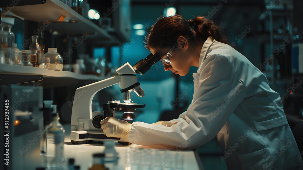 Scientist examining a sample through a microscope in a laboratory Scientist examining a sample through a microscope in a laboratory