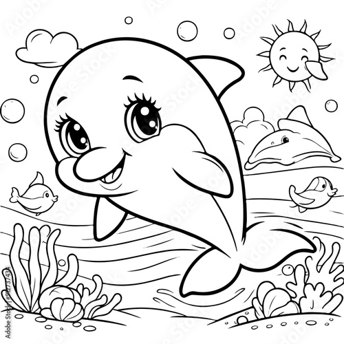 A cartoon dolphin is swimming in ocean with other sea creatures. dolphin is smiling and he is happy