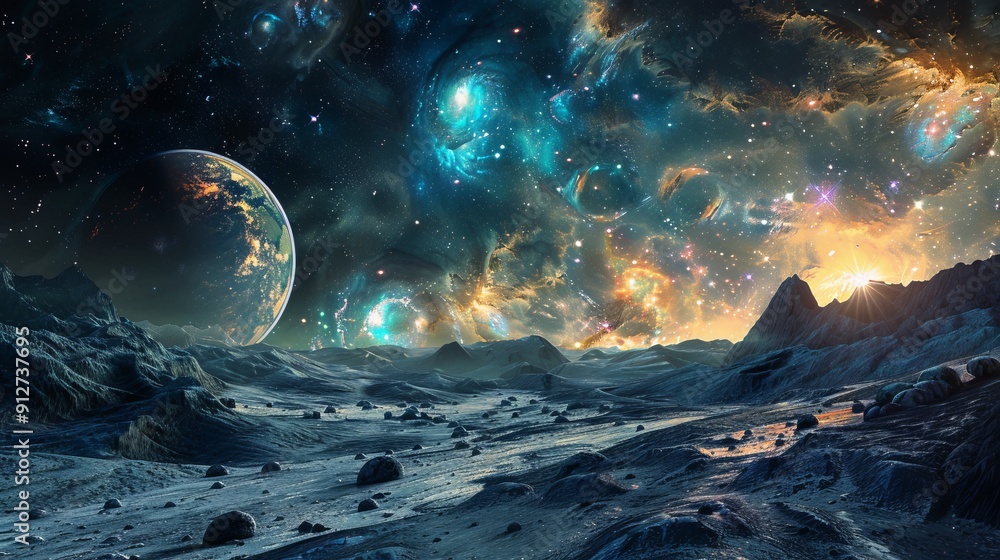 Fototapeta premium Expansive alien planet landscape at dawn with stars shining.