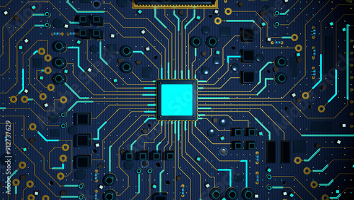 complex motherboard with microchip in the center with blue light surrounded by circuits. 3D Illustration