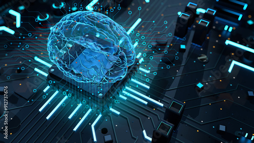 Transparent brain with blue light on microchip on complex circuit board. Artificial intelligence concept. 3D Illustration