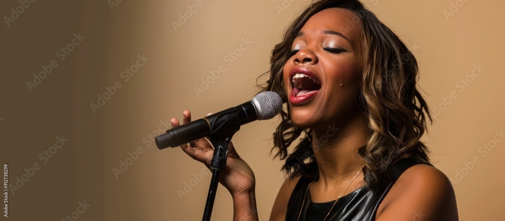 Naklejka premium Portrait of a young beautiful mixed race girl on a bright background. Advertising banner of a woman singing in a microphone. Concept of relaxation and karaoke.