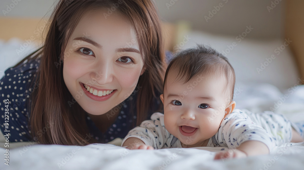 Joyful Japanese Woman and Adorable Baby Together on Bed Joyful Japanese Woman and Adorable Baby Together on Bed