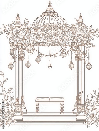 Ornate Indian Wedding Mandap with Floral Decor - An intricate line drawing of an Indian wedding mandap decorated with floral garlands and hanging lamps, symbolizing love, tradition, celebration, commi photo