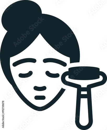 Woman using jade roller for skin care routine icon