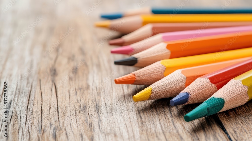 Close-up of color pencils on a wooden table, showcasing various shades and textures for an art project. Close-up of color pencils on a wooden table, showcasing various shades and textures for an art project.