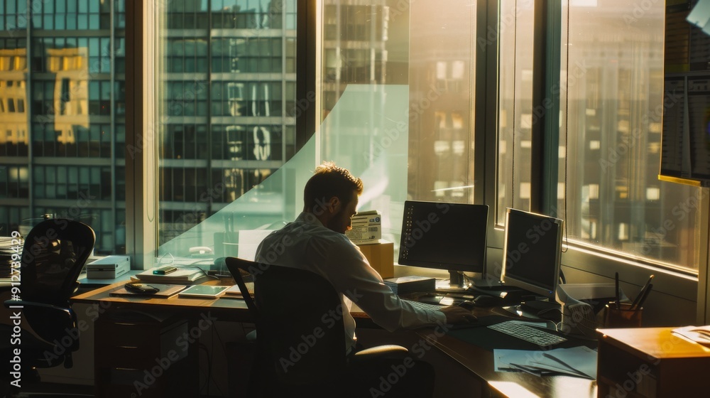 A professional working diligently in a modern office with ample natural light streaming through large windows, providing a productive work environment. A professional working diligently in a modern office with ample natural light streaming through large windows, providing a productive work environment.