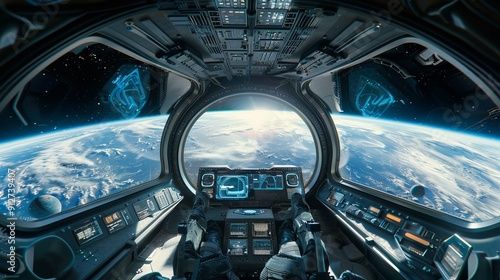 Spacecraft cockpit with view of Earth in outer space