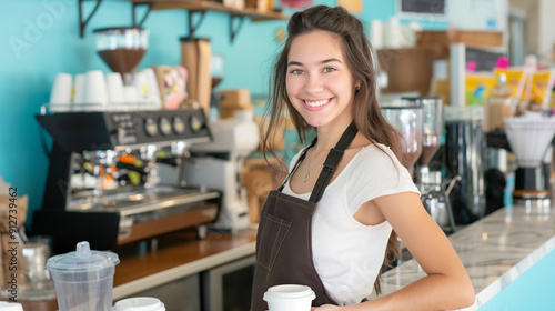 Portrait of happy biracial female barista wearing apron in cafe 