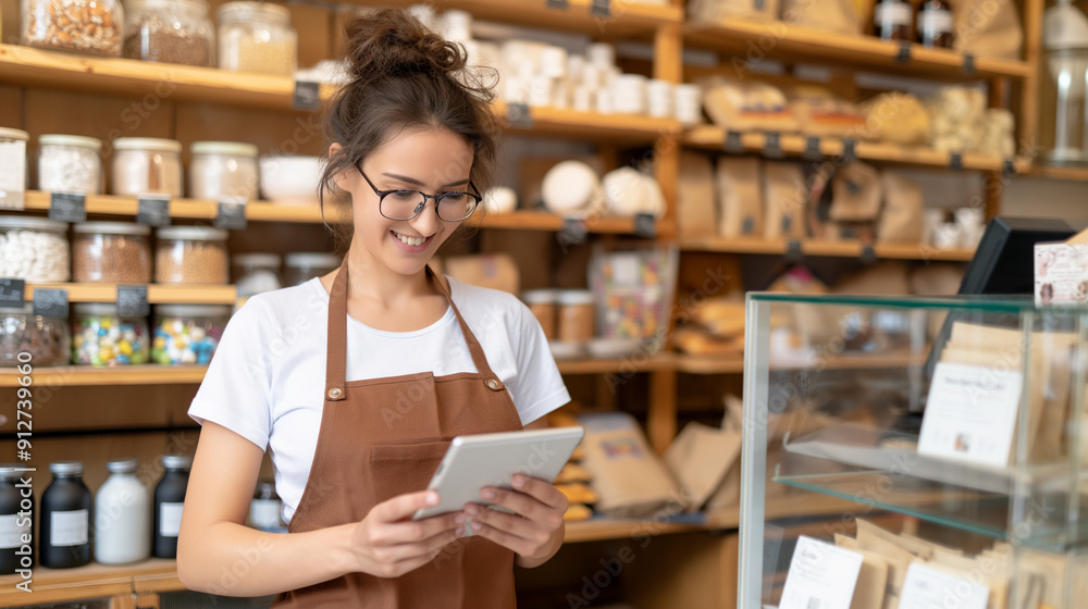 Portrait of happy biracial female barista wearing apron and using tablet in cafe Portrait of happy biracial female barista wearing apron and using tablet in cafe