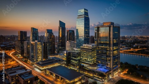 Aerial view of a modern city skyline at dusk, featuring illuminated skyscrapers and busy streets below. 