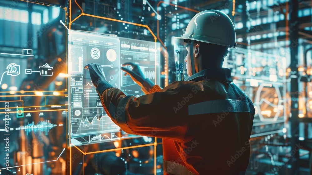 A worker in a hard hat interacts with futuristic digital interfaces in an industrial setting, showcasing tech-driven manufacturing processes. A worker in a hard hat interacts with futuristic digital interfaces in an industrial setting, showcasing tech-driven manufacturing processes.