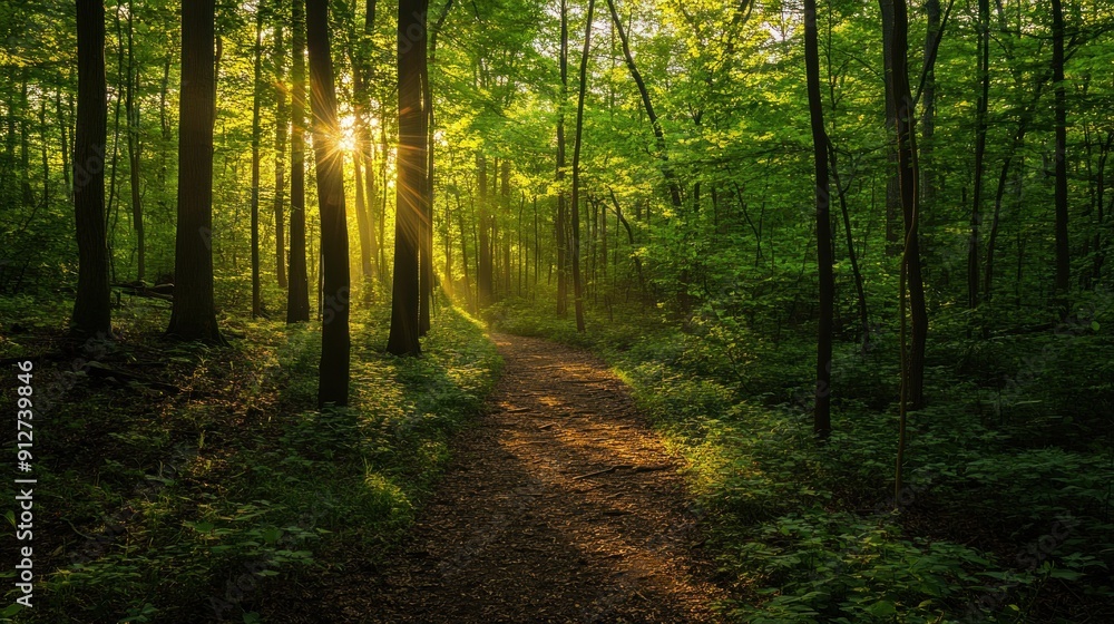 Obraz premium Sunlight Streaming Through Trees in a Forest