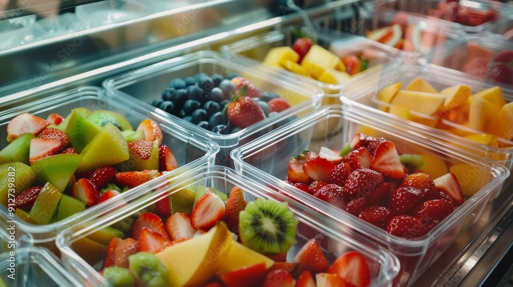 A vibrant, well-arranged display of fresh, colorful fruits in clear plastic containers, showcasing their natural allure and promoting a healthy, tempting selection. A vibrant, well-arranged display of fresh, colorful fruits in clear plastic containers, showcasing their natural allure and promoting a healthy, tempting selection.