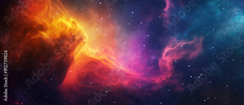 A vibrant cosmic nebula bursting with colors of orange, pink, and blue, set against a backdrop of stars and space.