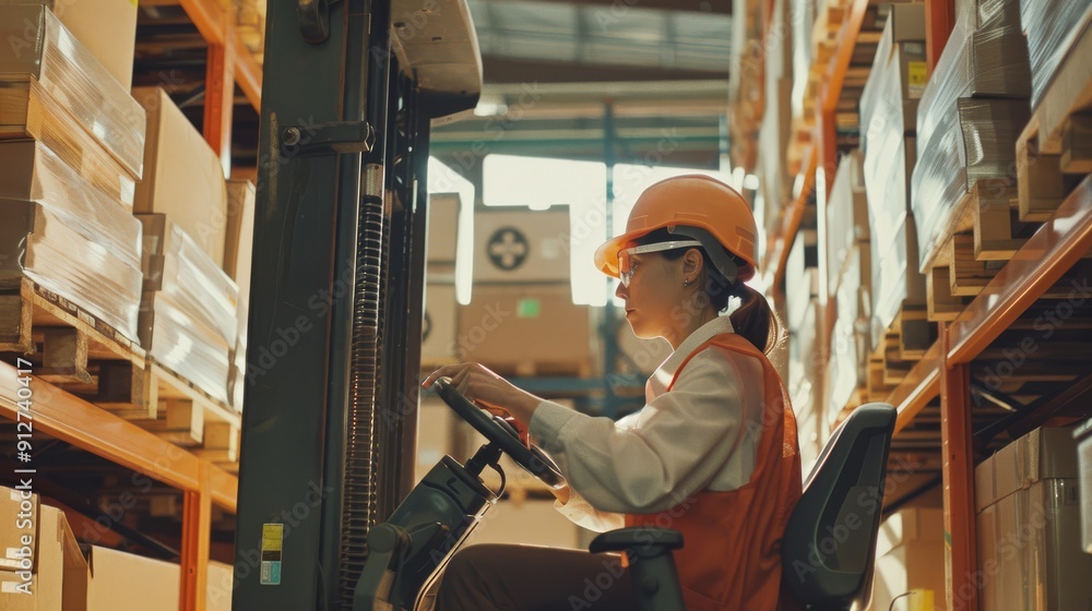 A diligent worker in an orange safety vest and helmet operates a forklift in a warehouse aisle, meticulously navigating through shelves of boxes. A diligent worker in an orange safety vest and helmet operates a forklift in a warehouse aisle, meticulously navigating through shelves of boxes.