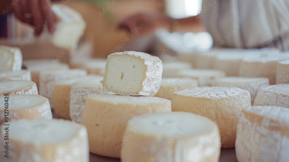 Rows of artisanal cheeses on display with a focus on one central piece, showcasing a rustic market or farm setting. Rows of artisanal cheeses on display with a focus on one central piece, showcasing a rustic market or farm setting.
