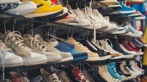 A vibrant shoe store displaying a wide array of colorful sneakers on shelves, capturing the diversity and fashion of consumer culture.