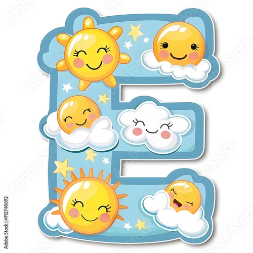 Adorable Smiling Sun and Cloud Letter E Design for Sticker Shirt or Branding