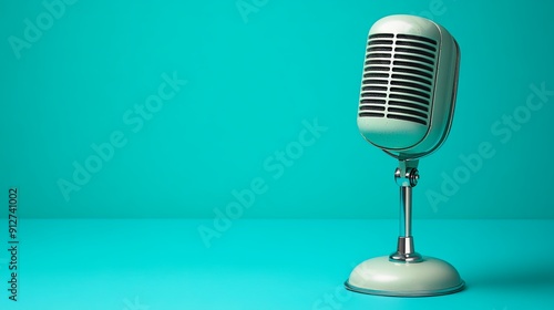 A microphone is on a blue background