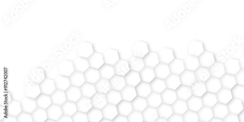 Abstract background with squares. White surface with hexagonal shapes showing on the right sid,Surface polygon pattern with glowing hexagon paper texture, honeycomb white Background ,light and shadow 