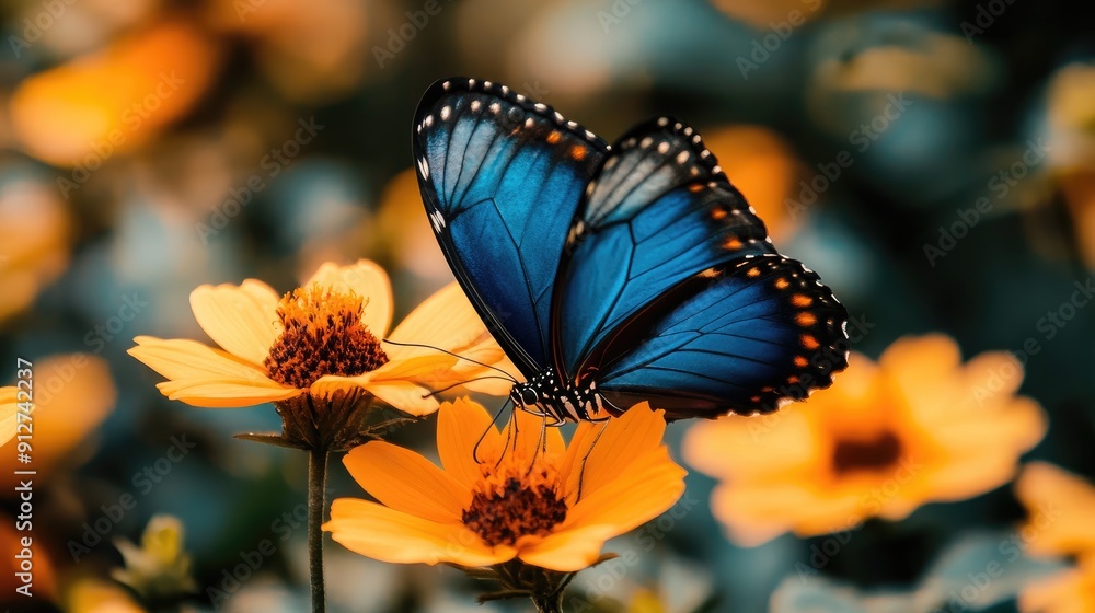 Blue Morpho Butterfly on Yellow Flowers Blue Morpho Butterfly on Yellow Flowers