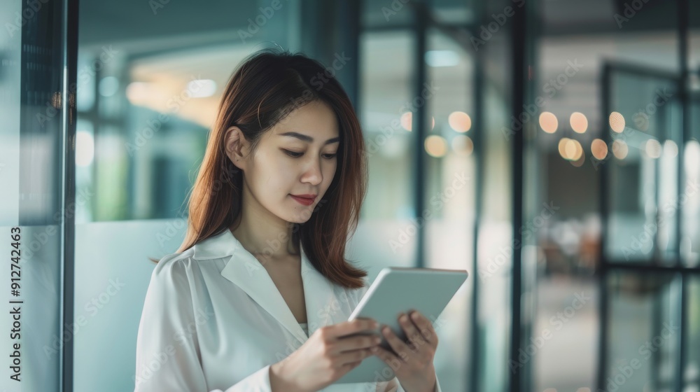 A professional woman, dressed in a crisp white blouse, attentively uses a tablet in a sleek, modern office space, embodying focus and productivity. A professional woman, dressed in a crisp white blouse, attentively uses a tablet in a sleek, modern office space, embodying focus and productivity.