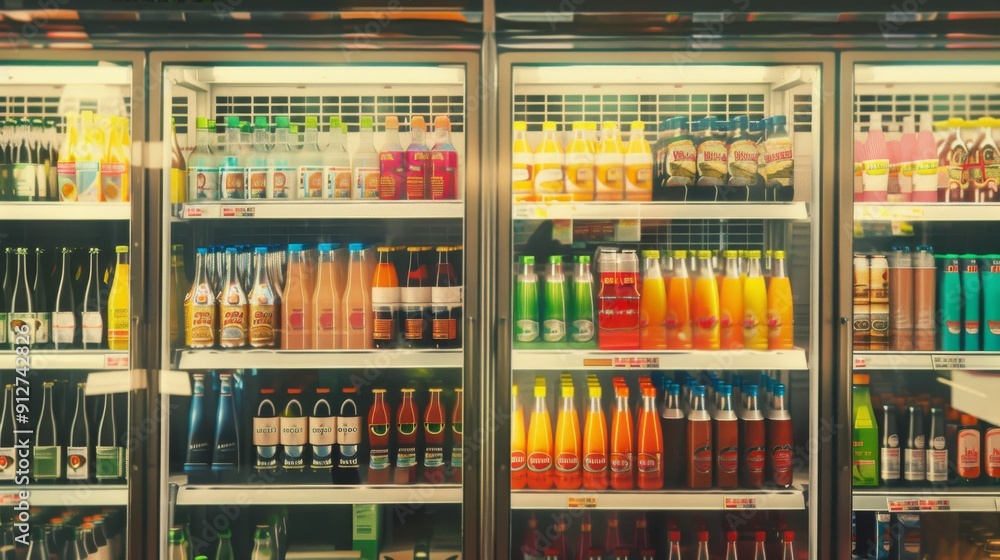 A vibrant array of beverages neatly arranged in a supermarket refrigerator creates an inviting and refreshing sight.