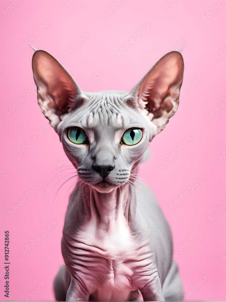 Obraz premium A cat with green eyes is sitting on a pink background