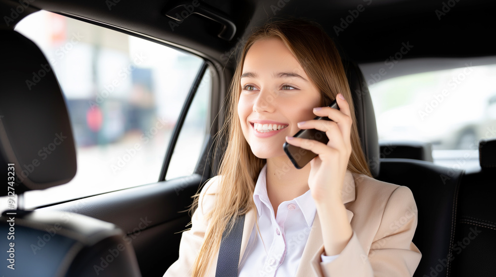 Smiling businesswoman using mobile phone sitting in car Smiling businesswoman using mobile phone sitting in car