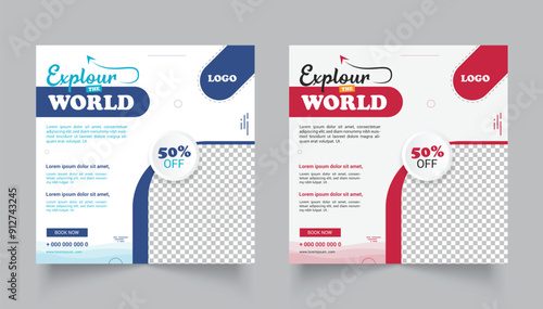 Minimal Travel Social Media Post Template design , Travel agency web, social ads vector posters for business.	