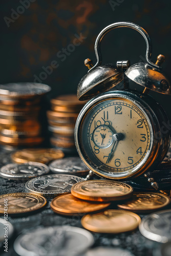 Stack of coins with a small clock on top. 