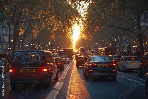 Morning rush hour with cars and buses, Monday morning, hustle and bustle