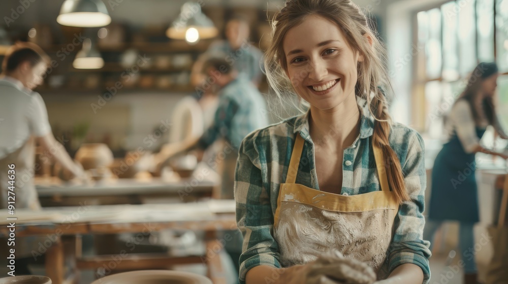 A cheerful woman with clay-covered hands smiles while engaged in a pottery-making class, with others working in the background. A cheerful woman with clay-covered hands smiles while engaged in a pottery-making class, with others working in the background.