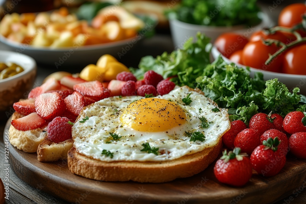 Breakfast spread with eggs, toast, and fruit, Monday morning, healthy and delicious Breakfast spread with eggs, toast, and fruit, Monday morning, healthy and delicious