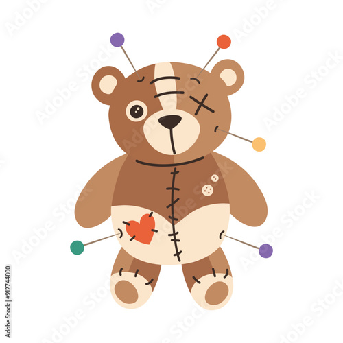 Cute Voodoo doll teddy bear with hearts, pin, stitches, patches.. Vector illustration in cartoon style.